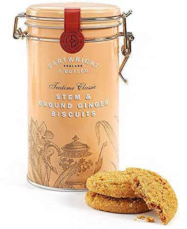 Cartwright & Butler Biscuits - 200g Ground & Stem Ginger Biscuits Baked to a Refined Classic Recipe with a Crisp Light Snap, A Luxury Biscuit Gift in Signature Clip-Lid Tin
