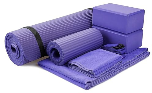 BalanceFrom GoYoga 7-Piece Set - Include Yoga Mat with Carrying Strap, 2 Yoga Blocks, Hand Towel and Knee Pad (Purple, 1/2-Thick Mat)