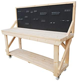 Wooden Acorn Heavy Duty Work Bench With Peg Board and Wheels With Castors - 46 Piece Peg Kit INCLUDED - 4FT 6FT - Made Of Kiln Dry Timber - Industrial Garage Work Table Handmade (4ft)