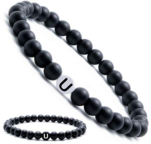 Personliga namnarmband | partnerarmband med onyxpärlor | pärlarmband | individuellt smycke för män och kvinnor (finns i flera stycken) e Bokstaven U vit, cod. K-1
