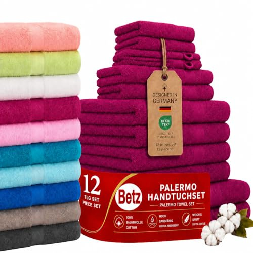Betz Palermo Handtuch-Set 12-teilig – 100% Baumwolle – Oeko-TEX® Zertifiziert – extra saugfähig & weich – hohe Grammatur – Duschtücher, Handtücher, Gästetücher & Waschhandschuhe Farbe Cranberry