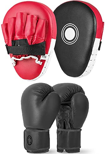 Lions Boxing Set Focus Pads and Gloves Mitts Punch Bag MMA Training Hook & Jab, Men Women Adult Kids Unisex Sparring Martial Arts Karate Fitness Exercise Sets (Red Straight, 14OZ)