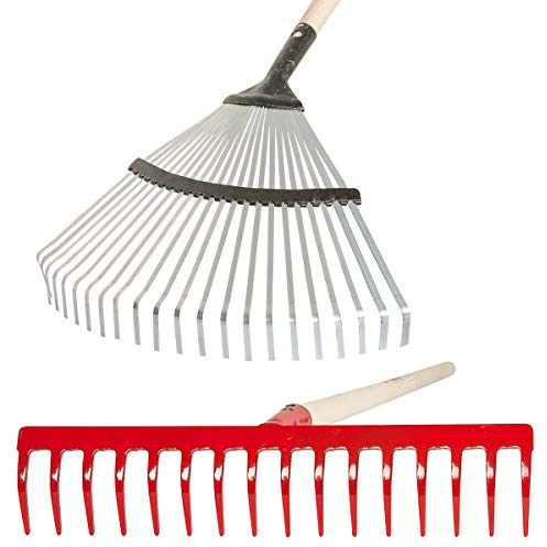 SHW-FIRE Set: Garten Rechen mit 16 Zinken und Laubbesen | Für Gartenarbeit| Laubbesen mit federenden Zinken| Rechen mit festen Zinken | Für Laub, Schnittgut und Moos