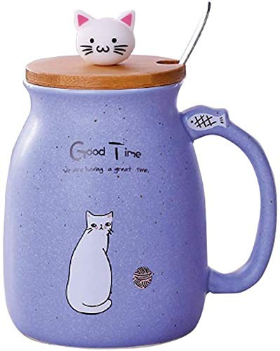 Sharemee Katzen-Tasse Niedliche Kaffeetasse Keramik Kaffeebecher mit Deckel und Löffel, Morgen Cup für Milch, Tee, Weihnachts Geschenke, 450ml(Lila)