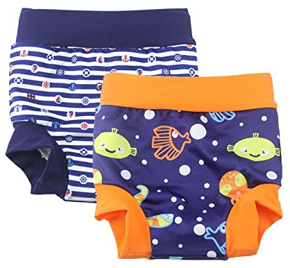 BabyPreg Badbyxor med blöjskydd för baby och barn Badshorts med hög midja som skyddar magen (Blå (fisk)+marinblå rand, 2-3 år)