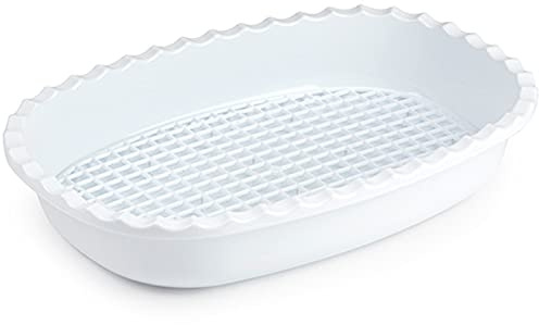 Tradineur - Bandeja de plástico redondeada para descongelar,de color blanco y rejilla y 32 x 21,5 x 6 cm. Recipiente para descongelación de alimentos con rejilla.Fuente blanca para labores cocina