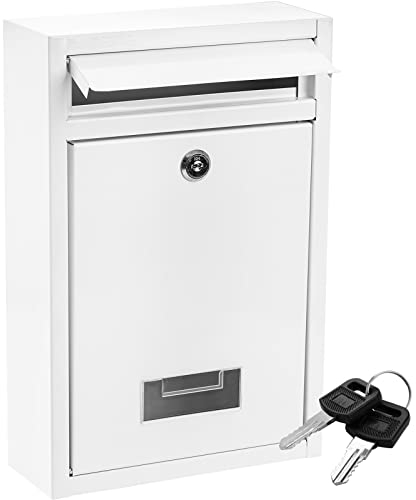 DEAYOU Locking Mailbox Wall Mounted, Drop Box with Key Lock, Weatherproof Secure Mail Box, Galvanized Steel Cover Metal Dropbox with Slot for Envelope, Letter, Outside, Home, Office Business, White