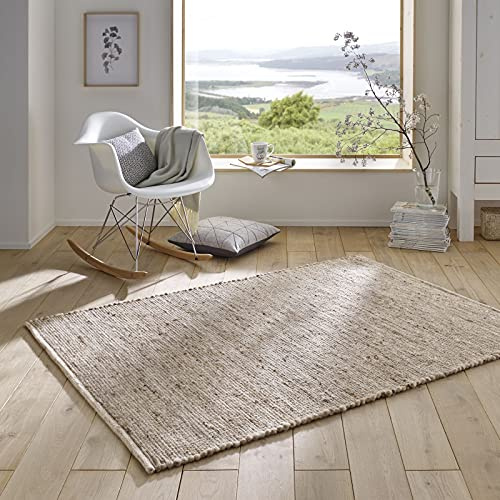 Taracarpet Handweb-Teppich Malmoe Wolle im Skandinavischem Landhaus Design Wohnzimmer Esszimmer Schlafzimmer Flur Läufer beidseitig verwendbar Sand 140x200 cm