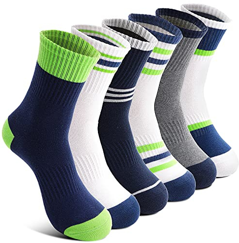 Welwoos Kids Boys Socks Athletic Basketball Youth Sport Crew Cotton Breathable Soft Gift Socks 6 Pairs Stocking Stuffers (Splice/Green/White,3-5Y)