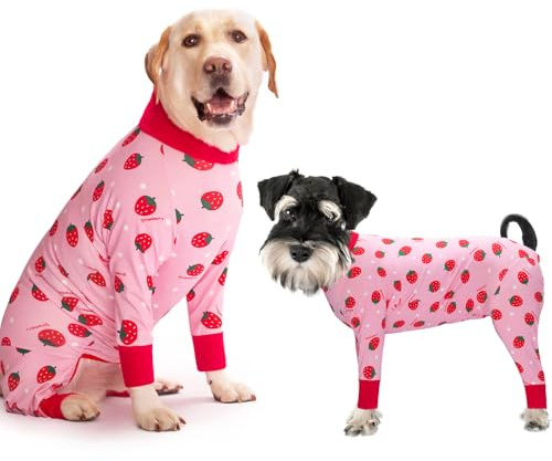 Yeapeeto Einteiler für Hunde, zur Erholung, für große und mittelgroße Hunde, Schlafanzug, Ganzkörper für Haarausfall, Allergien, Anti-Lecken, Wundschutz, Kegel-Alternative (XL, Erdbeere)