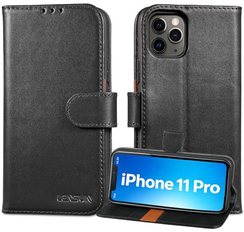 LENSUN Echtleder Handyhülle für iPhone 11 Pro, Schwarz | Echtes Leder Schutzhülle, Magnetverschluss Hülle, RFID Schutz Handytasche, Klappbar Lederhülle