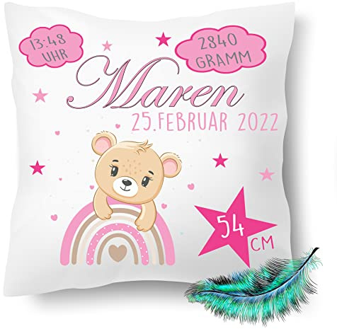 Personalisierbares Kissen zur Geburt für Jungen und Mädchen, Geburtskissen mit Namen, Geschenk, bedrucktes Teddy Rosa Kissen | Dekokissen, Zierkissen, Taufe | Kuschelkissen 40X40 (mit Kissenfüllung)