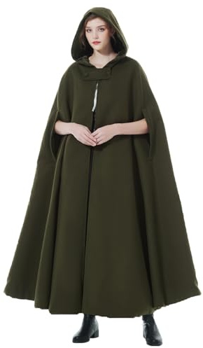 BEAUTELICATE Mezcla de Lana Capa con Capucha Mujer con Bolsillos Largo para Vestido de Novia Boda Fiesta Navidad Halloween Medievales(Verde Vintage - Longitud 127cm)