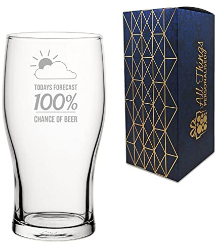 All Things Personalised Engraved Funny Beer Glass, 100 Percent Chance of Beer, Tulip Pint, Holds Up to 20oz/568ml, Gift for Him, Dad, Fathers Day, Gift Boxed, Engraved in The UK
