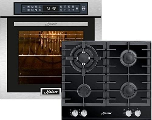 Kaiser Induktion Set EH 6306 R+KCG 6380, Forno da incasso, acciaio inox, 79L 15 Fct. Grill Air Fryer Full Touch + Piano cottura a gas da incasso 60 cm, vetro nero, 3,8 kW WOK con adattatore WOK