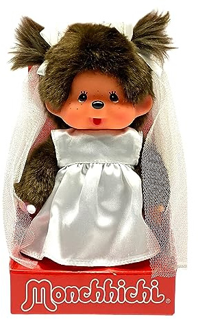 Sekiguchi 244058 – Original Monchhichi-flicka, mjuk leksak med brudklänning och rosetter, ca 20 cm stort gosedjur av brun plysch