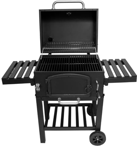 Barbacoa de Carbón XL Portátil con Cubierta BBQ Parrilla Ahumador Negro Acero Inoxidable Horno Ajustable Ganchos Colgantes Abrebotellas Ruedas Funda Impermeable Cepillo Alambre Exterior Jardín Patio