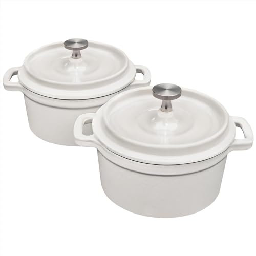 Flavehc Mini Cocotte 16 oz Mini Dutch Oven 0.5 qt. Cast Iron Garlic Roaster for Oven Garlic Confit Pot Ramekins with Lids Oven Safe Set of 2, White