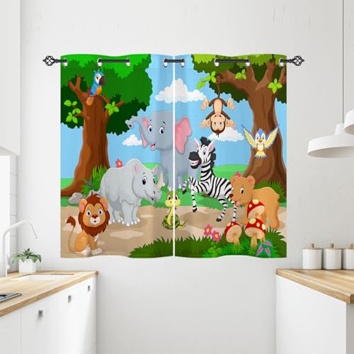 ANHOPE Safari Tier Elefant Löwe Bär Vorhänge mit Ösen Blickdichte Gardinen Blackout Curtain Thermo Vorhang Kinder Jungen Mädchen Schlafzimmer Wohnzimmer Verdunklungsvorhänge 2er Set H 138 x B 71 cm