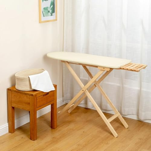 Asse da Stiro in Legno Massello, Asse da Stiro Pieghevole con Poggiaferro Rimovibile e Fodera in Cotone, Asse da Stiro Regolabile in Altezza per Lavanderia Domestica o Dormitorio (Color : Wit)