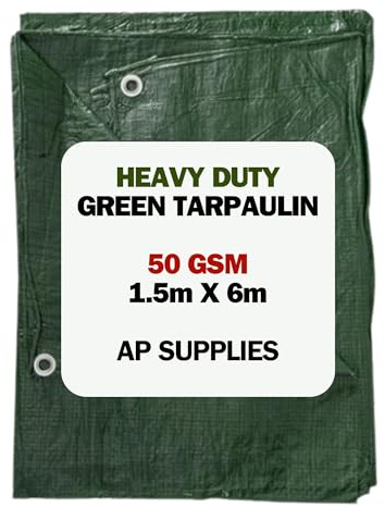 AP Supplies Lightweight Green Tarpaulin 1.5m x 6m | 50gsm Waterproof & Weatherproof Sheet with Reinforced Edges & Metal Eyelets | Outdoor Cover for Garden, Camping & DIY Use