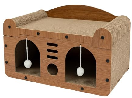 Donened - Kratzbrett für Katzen, 2 Schicht Kratzpappe Katzenhaus mit Höhle & Spielball, Kratzpad Lounge, Katzenspielzeug Kratzmatte für Indoor Katzen, Braun (56 x 30x 30cm)