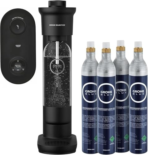 GROHE Blue Fizz, Wassersprudler 4x CO2 Set, mit CO2-Füllstandsanzeige (3 einstellbare Sprudel-Stufen, hygienische Metalldrüse, 4x CO2 Flasche, 1x 0,85l Wasserflasche), schwarz, 31947K00