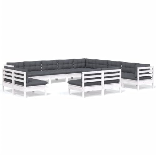 WEMYUFURN 13-TLG. Garten-Lounge-Set mit Kissen Weiß Massivholz Kiefer, Outdoor-Sitzgruppe, Terrassen-Lounge-Set, Garten-Couchgarnitur - Wetterbeständig, Komfortabel - für Terrasse, Garten und Balkon
