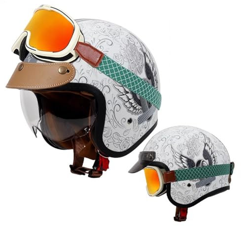 QJWMatic Motorrad Helm Halbschale Roller-Helm Moped Helm Retro Halbschalenhelm ECE Genehmigt Retro Motorrad Halbhelm Mit Visier Für Herren Und Damen H,XXL61-62CM