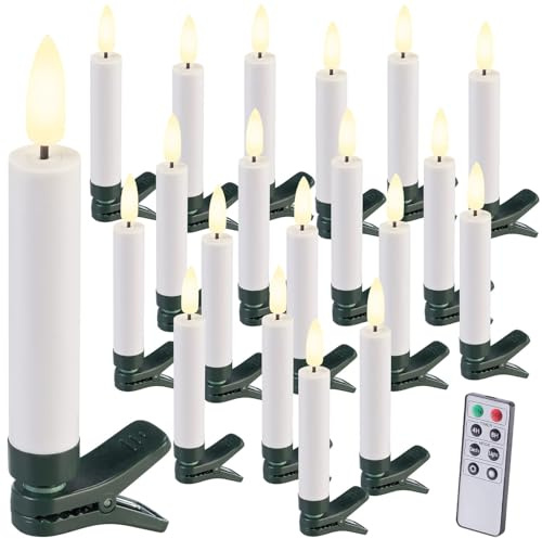 Lunartec Christbaum-Kerze: 20er-Set LED-Weihnachtsbaumkerzen mit Dochten und Flammen-Effekt, weiß (Weihnachtsbaumbeleuchtung, LED Kerzen, 3D)