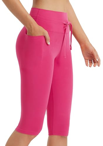 baleaf Leggings Capri para Mujer, Longitud hasta la Rodilla, 35,5 cm, con Bolsillos, cordón y Cintura Alta, Pantalones Cortos Capris Rosado M