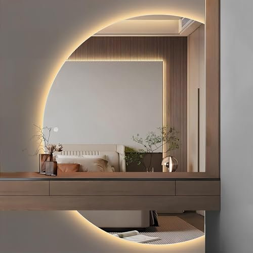 Specchio Antiappannamento A Semicerchio,Specchio Da Bagno,Specchio Cosmetico Retroilluminato A LED,Specchio Da Parete Senza Cornice A Mezzaluna Dimmerabile Tricolore,Specchio Illuminato A Figura Inter