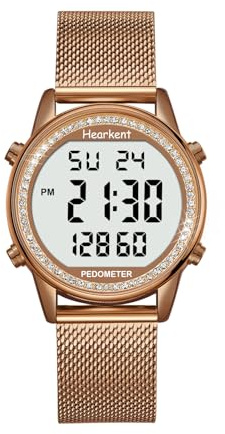 Hearkent 2401 - Reloj podómetro para mujer, correa de nailon flexible, sin aplicación ni carga necesarias, con conteo de pasos, calorías de distancia, reloj y retroiluminación de pantalla