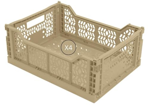 Box and beyond - Lot de 4 Caisses de Rangement pliables - 27 x 17 x 10,5 cm - Plastique Jaune - Pliables - Avec Poignées - Rangement - Cuisine, Bureau, Chambre, Salon - Style Simple et Pratique
