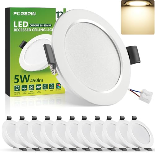 Forepin LED Einbaustrahler 230V 5W, LED Spots Flach Neutralweiß 4000K, 68-80mm Loch Deckenspots, 450LM Bad Einbauleuchten, IP44 Ultra Flach Einbauspots für Badezimmer Küche Wohnzimmer, 12er Set