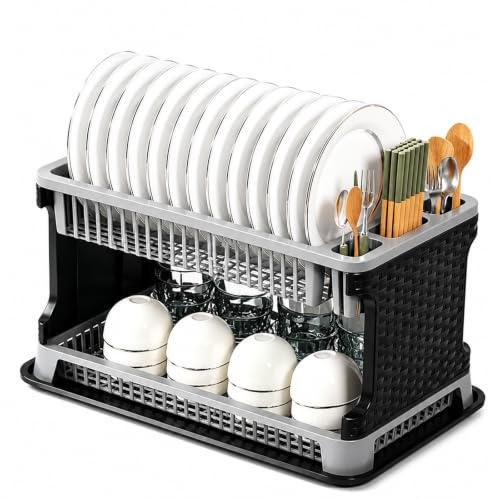 Escurreplatos Plastic, 2 Capas Escurridor de Platos, 44.2x30x26.8cm, Negro