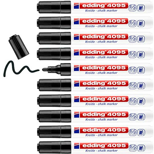 edding 4095 Kreidemarker - schwarz - 10 Kreidestifte - Rundspitze 2-3 mm - Kreidestift für Tafel abwischbar - zum Beschriften von Fenster, Glas, Spiegel - Tafelstift mit deckenden Farben