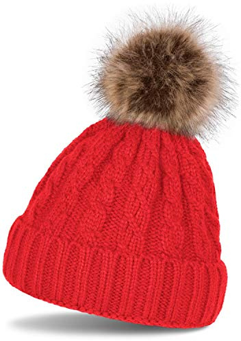 styleBREAKER Unisex Bommelmütze Zopfmuster Kunstfell Bommel | Strickmütze. elastisches Material. Bundweite 22cm. winterfest. Einheitsgröße. weiche Haptik. Fake-Fur Element.