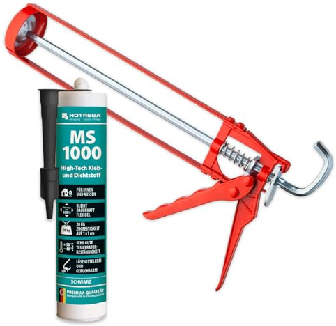 HOTREGA MS 1000 High Tech Kleb- und Dichtstoff schwarz | Kartusche | Kleber | Verfuger | Spachtelmasse | inkl. Kartuschenpresse