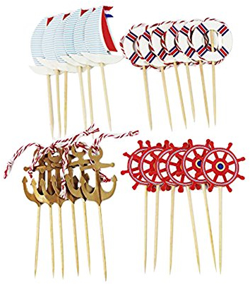 SUNBEAUTY Maritime Tortendeko 24er Set Torte Toppers Kuchendeckel Tortenaufsatz Kuchendeko Steuerrad Rettungsring Schiff Deko Dekoration für Kinder Kindergeburtstag Feier Party Junge