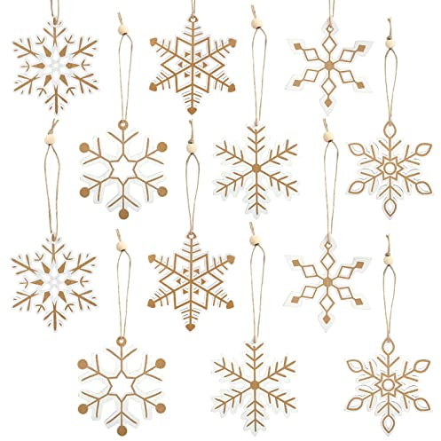 LEMESO 24 Navidad Colgantes de Madera Copo de Nieve Blanco y Oro Decoraciones para Árboles de Navidad Decoraciones para Hogar y Empaquetar