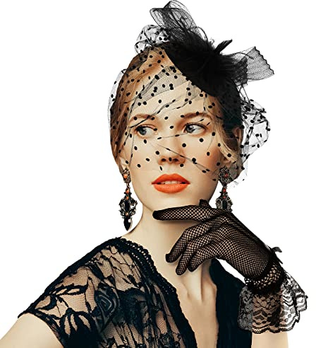 Yolev Cabaña Fascinator Sombrero de Velo de Encaje de Plumas y Guantes de Encaje de Red Conjunto de Encaje Vintage para Mujer Boda Noche Iglesia Accesorios de Disfraz