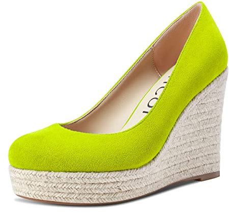 Aachcol Mujer Plataforma cuña Esparto Pumps Cerrado el Dedo del pie Redonda Punta Alto High Heel Sandalias Slip-on Dress Zapatos Clásico de Boda Fiesta 10 CM Verde Lima Ante 36 EU