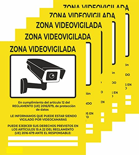Señal Zona Videovigilada PACK 5 UNIDADES Cartel de PVC rígido 0,7mm 20 x 15cm Amarillo Tinta y Material Resistente Interiores y Exteriores. Señal homologada.