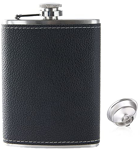 ROIMOE Edelstahl Flachmann und Trichter 8Oz/240ml Geschenkset Flachmann aus Schwarzem Leder Geeignet Zum Tragen von Alkohol