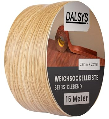 Dalsys Weichsockelleiste selbstklebend 15m Eiche | Flexible Sockelleisten aus PVC auf der Rolle, Abschlussleiste für Fugen in Küche & Bad. Praktische Sockelleiste Selbstklebend