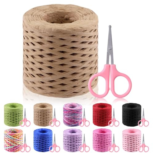 Glarks Juego de Rafia Natural Con Tijeras, 200 m, Marrón Claro - Cinta de Embalaje de Papel Kraft Para Envolver Regalos y Manualidades