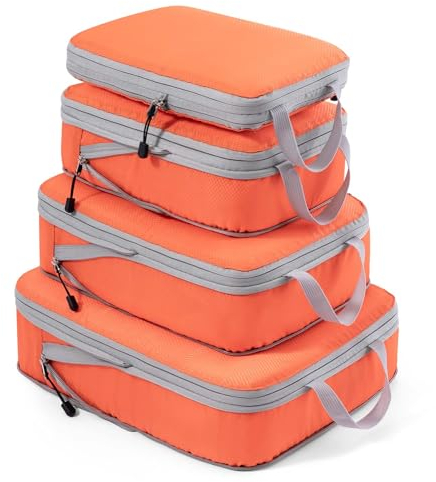 Meowoo 4-teiliges Kompressions-Packwürfel Set - Compression Packing Cubes - Wasserdichter Kofferorganizer mit Reißverschluss (XL, L, 2×M) - Platzsparend für Handgepäck & Koffer (Orange)