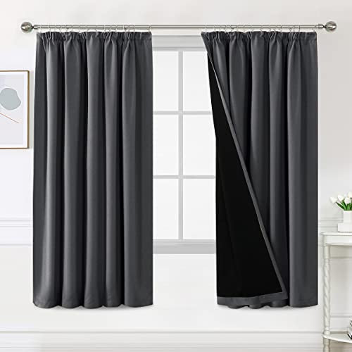 BellaHills 100% Blackout Curtains for Bedroom Thermal Insulated Curtains & Drapes Blackout Curtains Pencil Pleat Curtains for Living Room with Black Liner 2 Panels, 90 x 72 Inch, Charcoal Grey