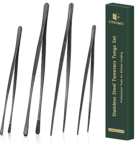 KTFNOMES 4-teiliges Küchenzangen-Set, 30,5 cm und 25,4 cm, Edelstahl, Schwarz, professionelle Lebensmittelpinzette zum Kochen, Reparieren, Meeresfrüchte, Grillen